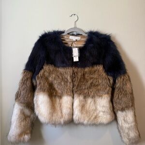 New York & Company Navy, Brown, White Faux Fur Jacket NEW